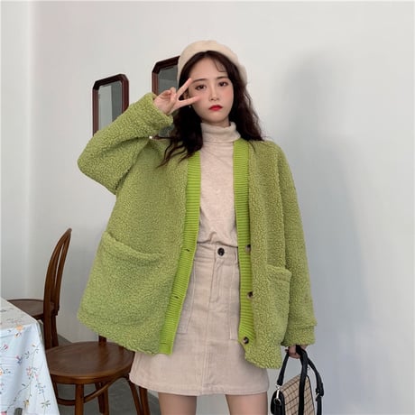 もこもこカーディガン ボア 韓国ファッション レディース カーディガン アウター 暖かい フェイクムートン ドロップショルダー ボアジャケット 大きいポケット (DCT-604923682357)