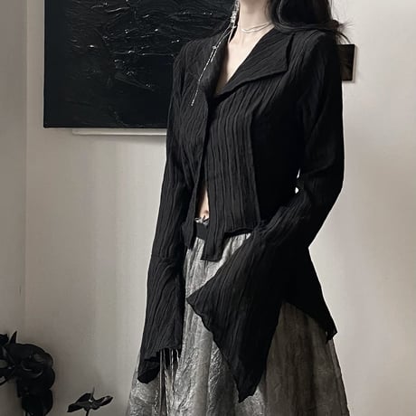 ブラウス 不規則デザイン フレアスリーブ ストライプ柄 スリム シャツ トップス ショート丈 長袖 レトロ 韓国ファッション レディース 大人可愛い ガーリー DTCA-714875873808