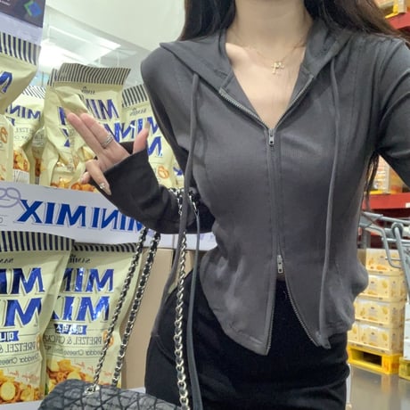 ダブルジップ パーカー ショート丈 トップス スリムフィット 長袖 レトロ 韓国ファッション レディース 大人可愛い ガーリー カジュアル DTC-763175238530