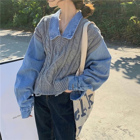 フェイクレイヤード ドッキングトップス デニムシャツ ニットベスト ケーブル編み ルーズ 長袖 韓国ファッション レディース 大人可愛い ガーリー カジュアル DTC-656075758245