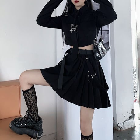 セットアップ ミリタリー風 ショートシャツ プリーツ ミニスカート ネクタイ ベルト 長袖 ハイウエスト レトロ 韓国ファッション レディース ゴシック モード系 DTC-651778269970