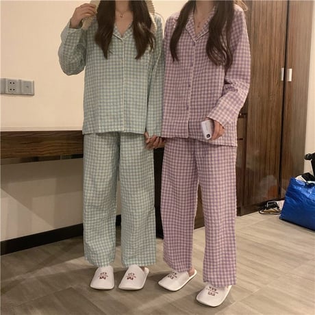 ルームウェア パジャマ セットアップ チェック柄 ボタン付き 部屋着 寝間着 上下セット ウエストゴム 長袖 春 秋 大人可愛い ガーリー DTC-655632823441