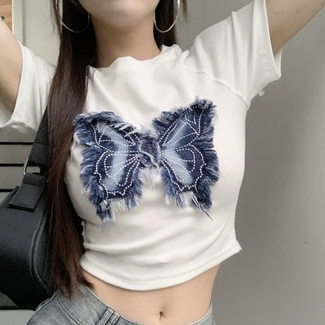 tシャツ バタフライ パッチワーク クロップド丈 ショート丈 スリムフィット トップス スリムトップス へそ出し 半袖 レトロ カジュアル ストリート女子 DTCA-780988742873