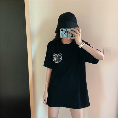 レディース 可愛いクマプリント Tシャツ ラウンドネック ゆったり 半袖 インスタ映え 韓国ファッション ホワイト ピンク (DCT-596629678942)