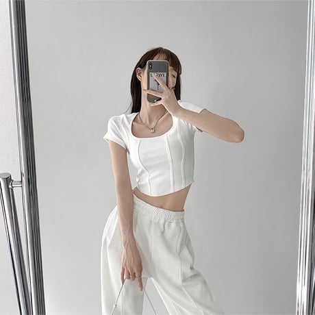 Tシャツ スクエアネック 半袖 クロップド丈 トップス リブ タイト スリムフィット スリムtシャツ シンプル レトロ 大人可愛い ガーリー カジュアル DTCA-704390055680