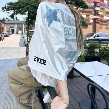 Tシャツ ユニフォーム風 Vネック ナンバリング ロゴ ドロップショルダー トップス 半袖 オーバーサイズ ビッグシルエット レトロ カジュアル ストリート女子 DTCA-950630332965