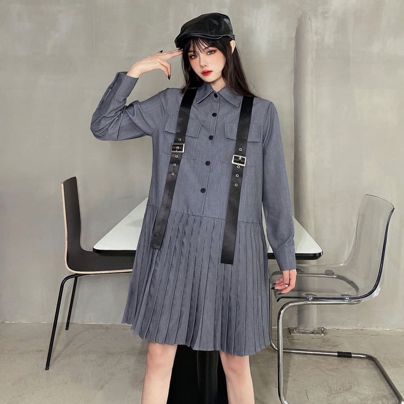 シャツワンピース プリーツスカート ベルト 韓国ファッション