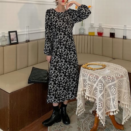 小花柄 ワンピース パフスリーブ ロング丈 ハイウエスト 長袖 クルーネック 薄手 韓国ファッション レディース 大人可愛い ガーリー フェミニン レトロDTC-655695330315