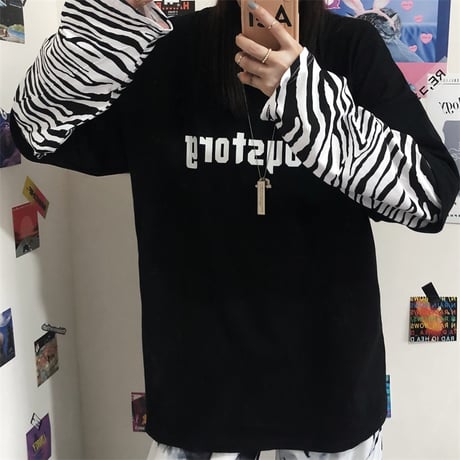 フェイクレイヤード ドッキングトップス tシャツ ロンT ゼブラ柄 長袖 レトロ 韓国ファッション レディース 大人可愛い ガーリー カジュアル ストリート系 DTC-625297358508
