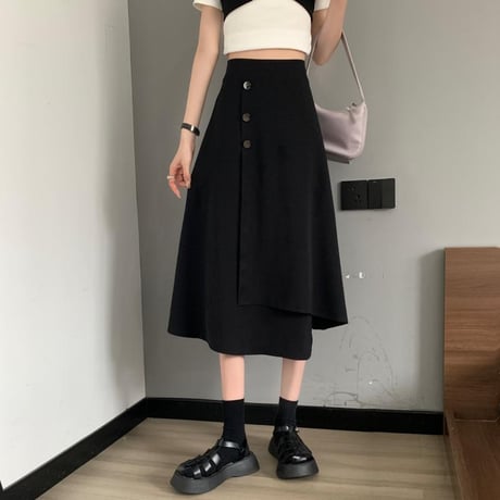 ロングスカート 不規則デザイン アシンメトリー アシメ スカート フロントボタン ハイウエスト レトロ 韓国ファッション レディース 大人可愛い ガーリー DTC-676469685119