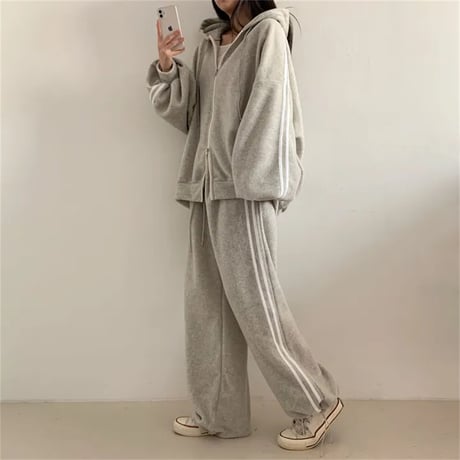 セットアップ 上下セット スウェット サイドライン ダブルジップ パーカー パンツ ジャージ ルーズ レトロ 大人可愛い ガーリー カジュアル DTCA-858330931501