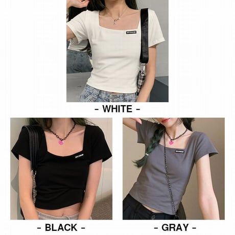 クロップド丈 Tシャツ スクエアネック へそ出し 半袖 夏 韓国ファッション レディース ショート丈 トップス カットソー 大人可愛い ガーリー DTC-639879592437