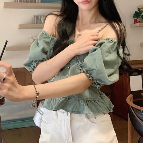 デニムブラウス 2way オフショルダー 半袖 パフスリーブ ショート丈 レトロ 韓国ファッション レディース 大人可愛 ガーリー DTC-714166208956