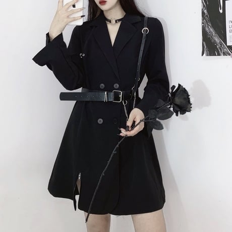 スーツワンピース ベルト付き シャツ ワンピース ダブルブレスト 長袖 ハイウエスト ショート丈 レトロ 韓国ファッション レディース 大人可愛い ガーリー DTC-669941579195
