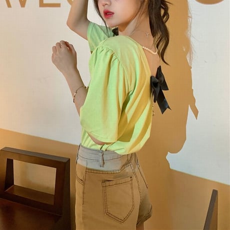 バックリボン Tシャツ 背中魅せ バックデザイン イミテーションパール 半袖 韓国ファッション レディース トップス リボン 肌魅せ 薄手 大人可愛い ガーリー DTC-641465921361