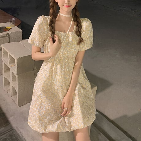 花柄 ワンピース スクエアネック ハイウエスト パフ袖 薄手 半袖 大人可愛い ガーリー フェミニン DTC-642548167490