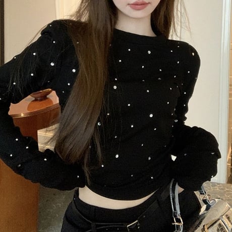 Tシャツ ビジュー カットソー ロンT ラインストーン ショート丈 肩パッド スリムフィット トップス プルオーバー 長袖 レトロ 大人可愛い ガーリー カジュアル DTCA-829997345270