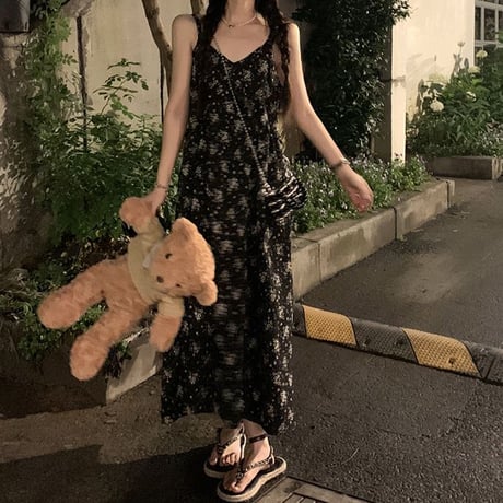 花柄 ワンピース キャミワンピース スリングワンピース ロングワンピース ハイウエスト レトロ 韓国ファッション レディース 大人可愛い ガーリー フェミニン DTC-676938461516