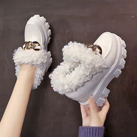 厚底 ファーシューズ 22.0～24.5cm ファーローファー ローファー チェーンデザイン インヒール 歩きやすい 疲れない 大人可愛い ガーリー DTC-659154706888