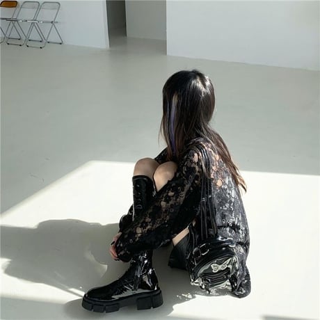 フラワーレース tシャツ 透け感 トップス ホワイト ブラック クルーネック レース ロンT 長袖 レトロ 大人可愛い ガーリー DTCA-865166902200