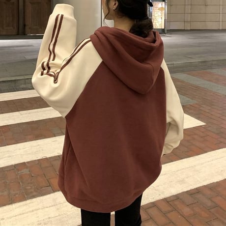 パーカー 袖ライン バイカラー ジップアップ 長袖 オーバーサイズ ゆったり レトロ 韓国ファッション レディース 大人可愛い ガーリー カジュアル DTC-656269992331