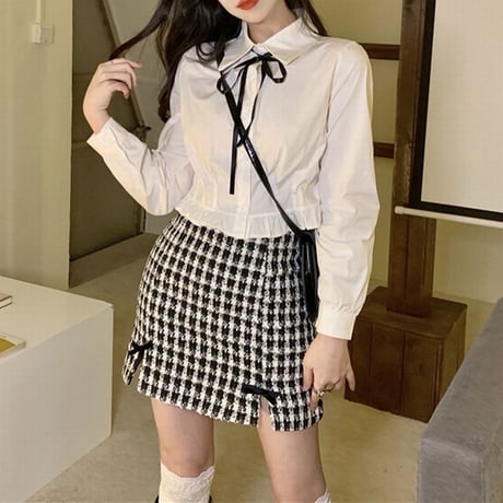 セットアップ 3点セット ボウタイ ブラウス 千鳥格子 チェック柄 ベスト スカート クロップド丈 ハイウエスト リボン レトロ 大人可愛い ガーリー フェミニン DTC-666642582085