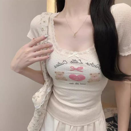 tシャツ ドット柄 クマちゃん リボン レース トップス Uネック スリムフィット スリムtシャツ 半袖 レトロ 大人可愛い ガーリー カジュアル DTCA-811944873611