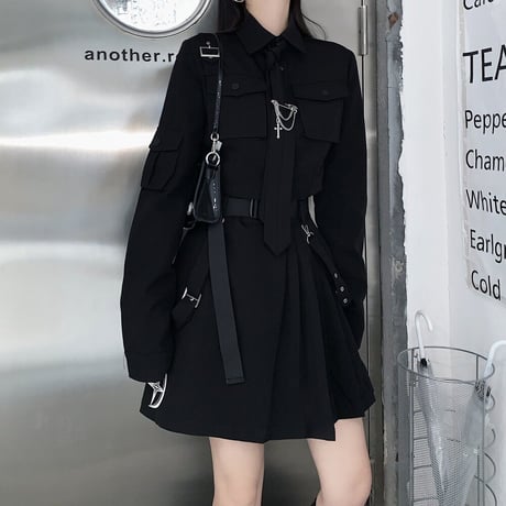 セットアップ ミリタリー風 ショートシャツ プリーツ ミニスカート ネクタイ ベルト 長袖 ハイウエスト レトロ 韓国ファッション レディース ゴシック モード系 DTC-651778269970