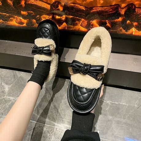 ファーシューズ リボン 22.5～25.0cm ローファー フラット フェイクファー もこもこ 歩きやすい おしゃれ 疲れない ガーリー DTC-661269724427
