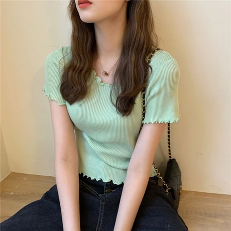 ウェーブヘム リブニット サマーニット Tシャツ 半袖 ラウンドネック トップス 韓国ファッション レディース カットソー シンプル 大人可愛い ガーリー DTC-639423318201