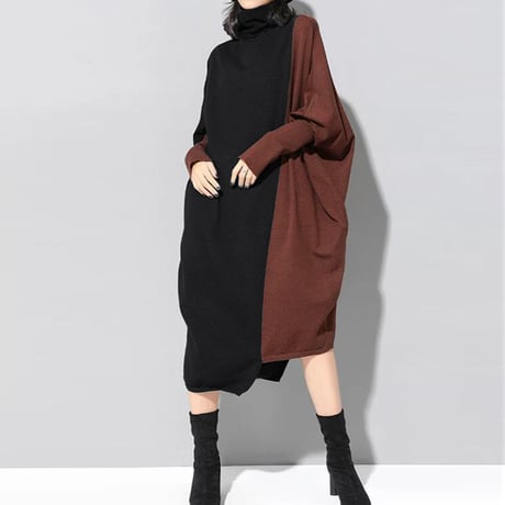 ニットワンピース アシンメトリー バイカラー ハイネック ロングワンピース ニット ワンピース ゆったり ルーズ 長袖 レトロ 大人可愛い ガーリー DTCA-620987413432