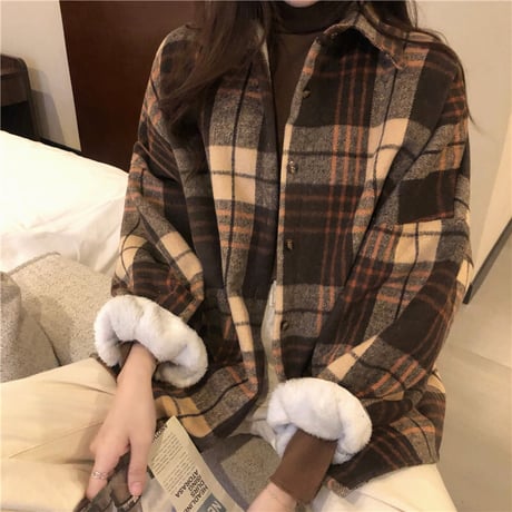 裏起毛 チェック柄 シャツ ジャケット アウター 厚手 暖かい チェックシャツ 長袖 ゆったり 韓国ファッション レディース 大人可愛い カジュアル レトロ DTC-658447529229