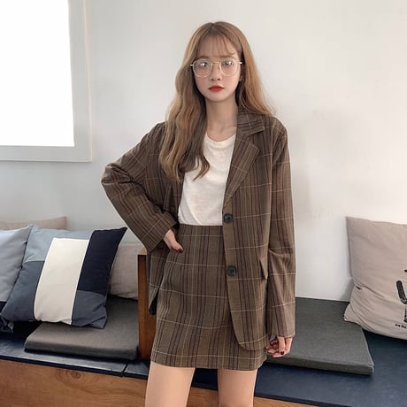 セットアップ チェック柄 ジャケット ＋ スカート 韓国ファッション レディース シングルブレスト ハイウエスト 春 秋 韓国 (DTC-603693177273)