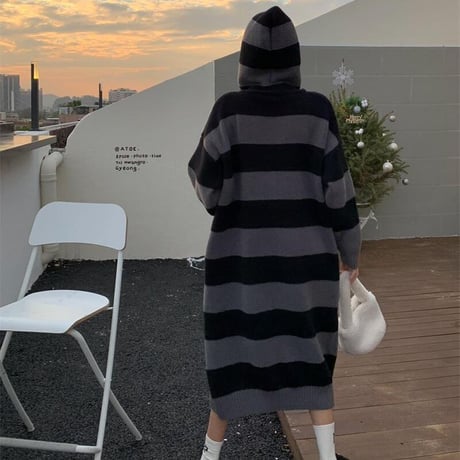 ボーダー柄 フード付き ニットワンピース ロング丈 ニット 長袖 ゆったり ルーズ レトロ 韓国ファッション レディース 大人可愛い ガーリー カジュアル DTC-663533210883