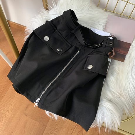 スカート風 ショートパンツ フロントジップ Aライン ハイウエスト 韓国ファッション レディース ショーパン ジップアップ ガーリー 暗黒系 DTC-620051473564