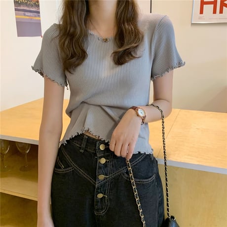 ウェーブヘム リブニット サマーニット Tシャツ 半袖 ラウンドネック トップス 韓国ファッション レディース カットソー シンプル 大人可愛い ガーリー DTC-639423318201
