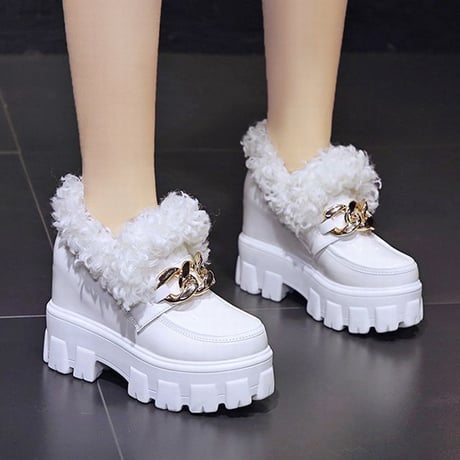 厚底 ファーシューズ 22.0～24.5cm ファーローファー ローファー チェーンデザイン インヒール 歩きやすい 疲れない 大人可愛い ガーリー DTC-659154706888