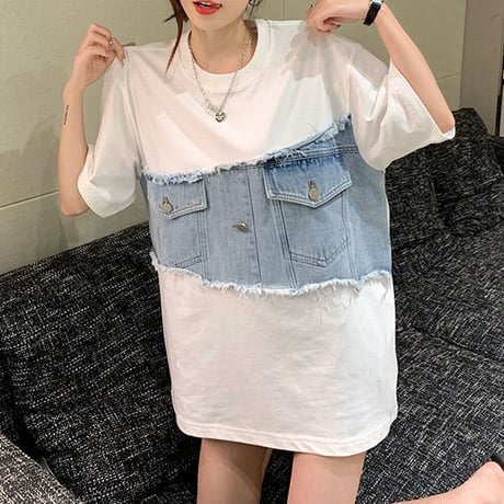 Tシャツ 半袖 デニムミックス 異素材 オーバーサイズ ルーズ 韓国ファッション レディース 大人可愛い ガーリー カジュアル 韓国ストリートファッション DTC-675175759418