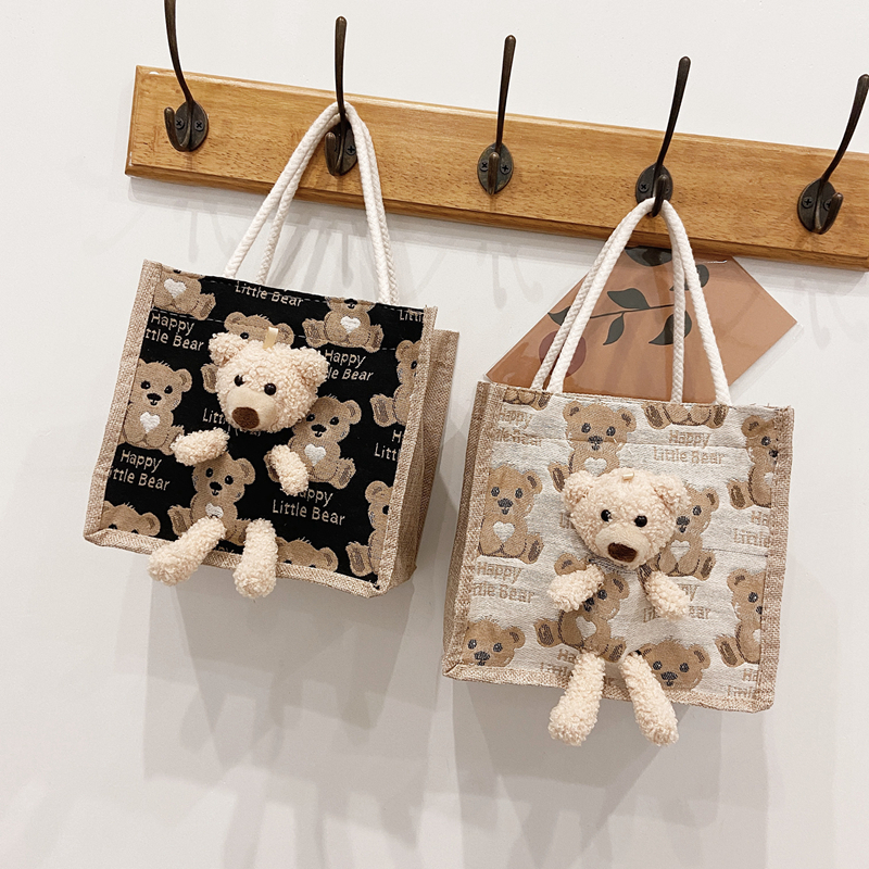 クマのぬいぐるみ付き 麻バッグ クマ柄 ハンドバッグ キャンバス