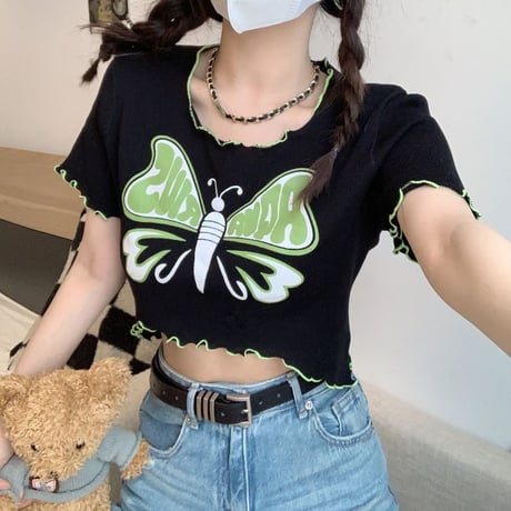 【3カラー】 ニット tシャツ バタフライ 蝶 トップス メロウフリル クロップド丈 半袖 レトロ 韓国ファッション レディース 大人可愛い ガーリー カジュアル DTC-712413339191