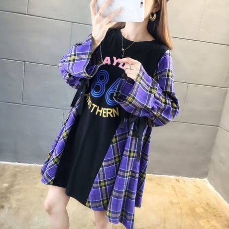 フェイクレイヤード ドッキング ワンピース チュニック チェック×Tシャツ 長袖 韓国ファッション レディース ラウンドネック ランタンスリーブ (DTC-604223705546)