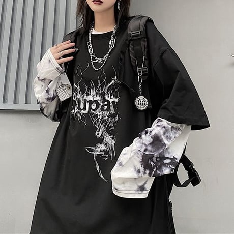 フェイクレイヤード ドッキングトップス tシャツ ロンT タイダイ柄 長袖 レトロ 韓国ファッション レディース 大人可愛い ガーリー カジュアル ストリート系 DTC-626481470986
