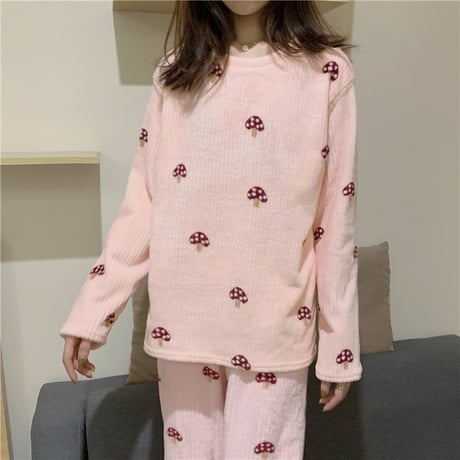 【ルームウェア】 パジャマ セットアップ トップス + パンツ キノコ プリント 長袖 上下セット 長袖 韓国ファッション レディース ガーリー 630650759701