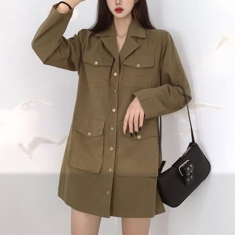 ワンピース ベルト付き ポケットチェーン ジャケット風 韓国ファッション レディース シングルブレスト ハイウエスト ガーリー DTC-624889485862
