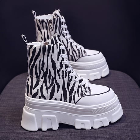 厚底 キャンバススニーカー ハイカット 22.5～24.5cm シューレース サイドファスナー ゼブラ柄 ベーシック カジュアル 大人可愛い ガーリー DTC-650901386927