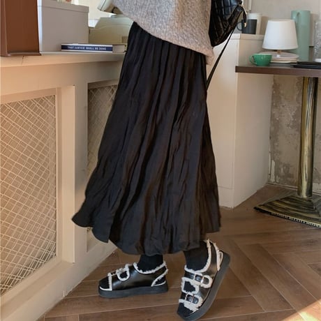 プリーツスカート ハイウエスト ロング丈 Aラインスカート フレアスカート ウエストゴム レトロ 韓国ファッション レディース 大人可愛い ガーリー フェミニン DTC-661833506858