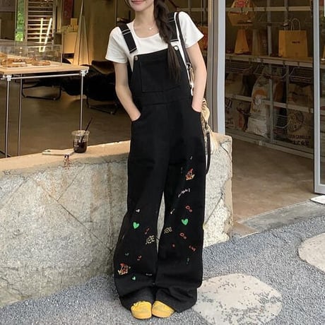 デニム サロペットパンツ オーバーオール 刺繍入り オールインワン ハイウエスト ルーズ レトロ 大人可愛い ガーリー カジュアル DTCA-923017340796