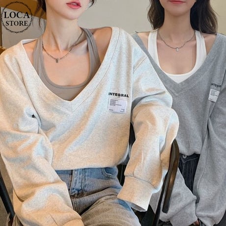 フェイクレイヤード トップス ホルターネック 薄手 ロンT カットソー Vネック ショート丈 ゆったり ルーズ 長袖 レトロ 大人可愛い ガーリー カジュアル DTCA-669353672500