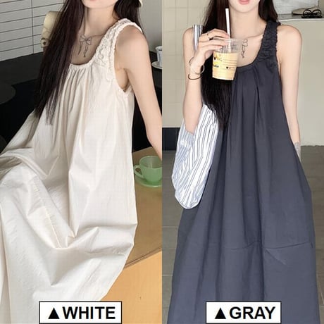 ノースリーブ ワンピース ギャザー ゆったりウエスト ロングワンピース Aライン 体型カバー ルーズ レトロ 大人可愛い ガーリー 韓国ファッション レディース DTC-809589554371