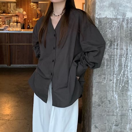 ノーカラー シャツ Vネック ルーズ ブラウス 長袖 レトロ 韓国ファッション レディース 大人可愛い ガーリー DTC-733875125653